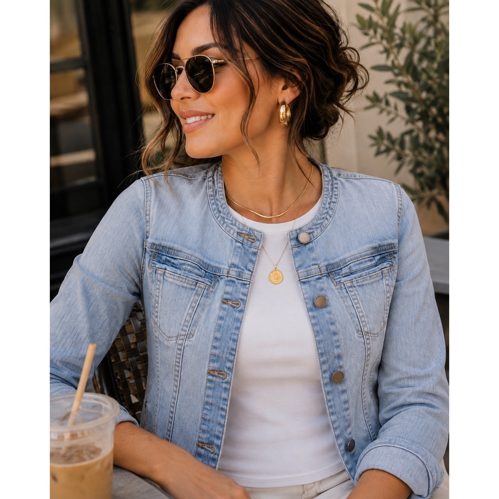 Liverpool Chic Minimalist Denim Jacket Light Wash Collarless Luxe Coastal Sz L